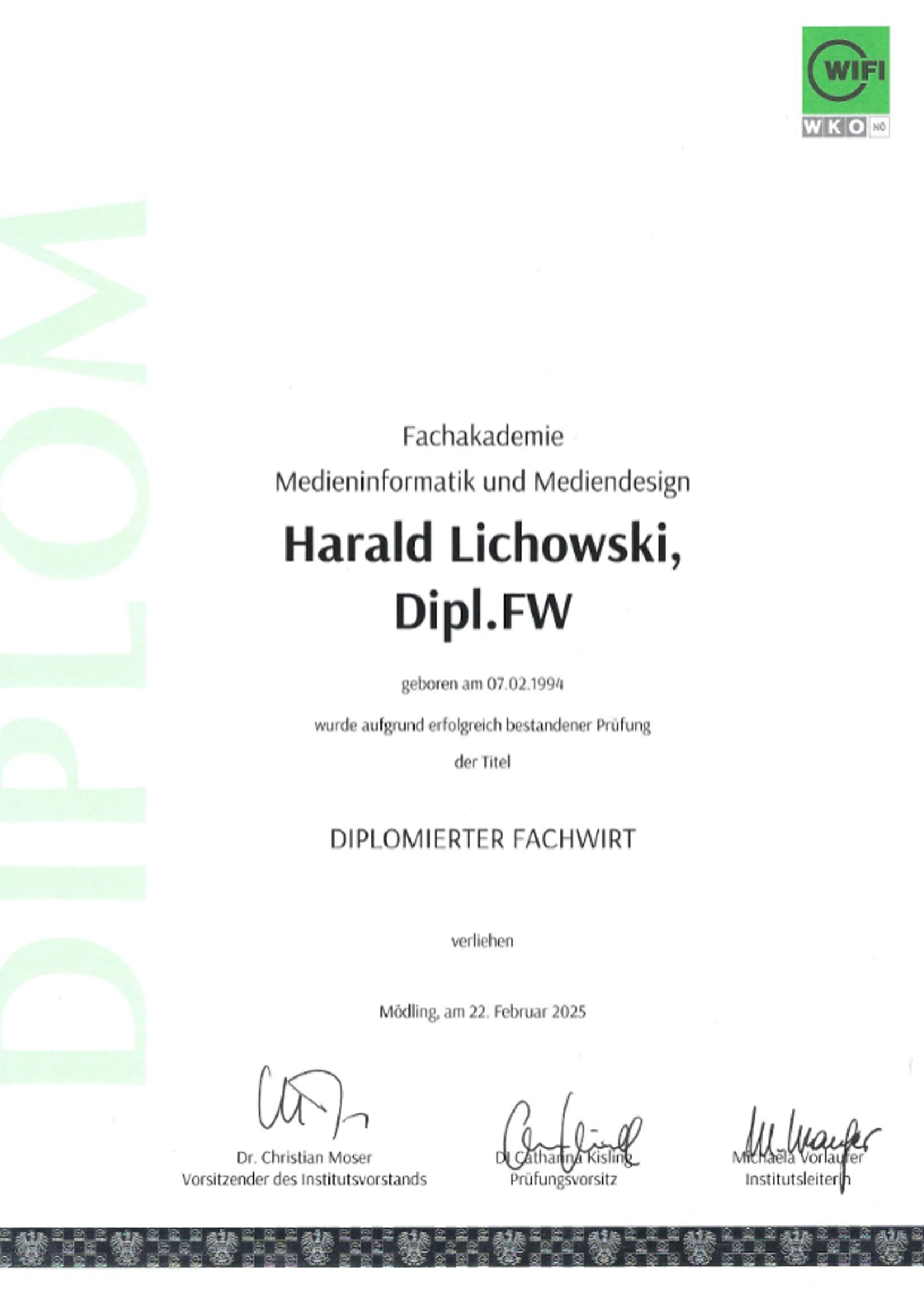 Harald Lichowski, Dipl.FW - Diplomierter Fachwirt für Medieninformatik & Mediendesign